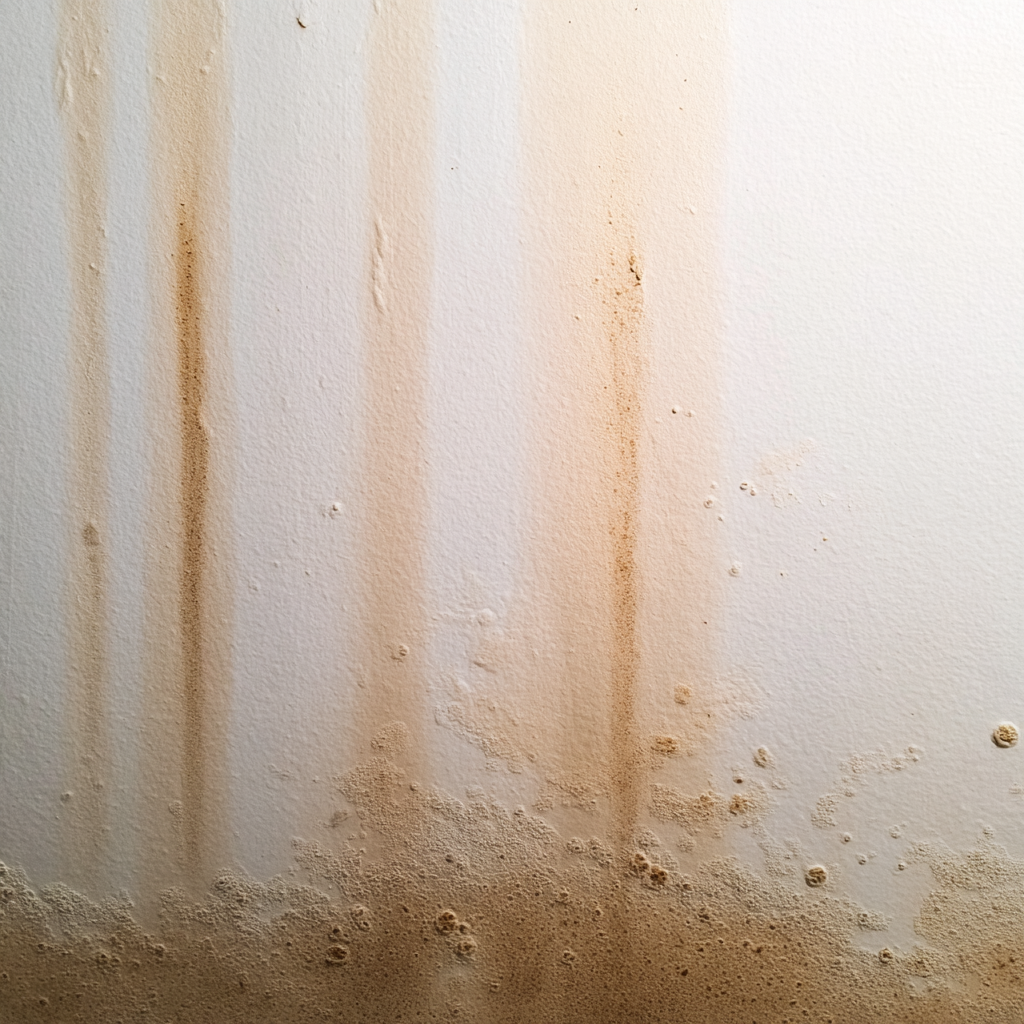 Residential wall with visible mold staining and water damage before remediation