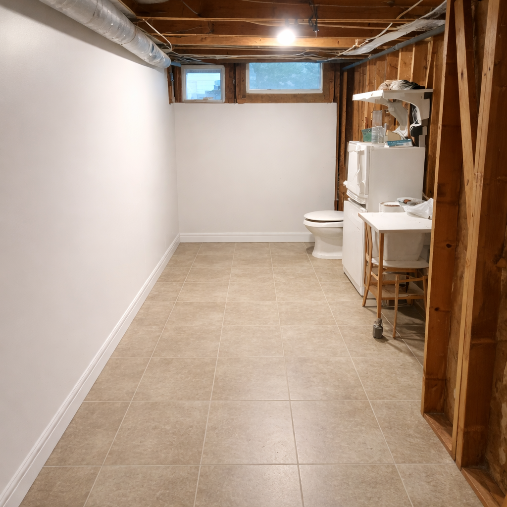 Professionally restored basement with dry floor, new drywall, and clean infrastructure