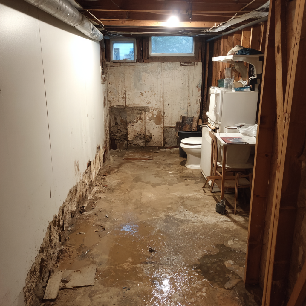 Basement with severe water damage, flooded floor, and deteriorated drywall before restoration
